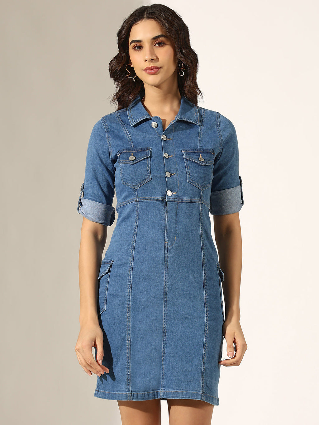 Women's Blue Denim Button-Down Shirt Collar Dress