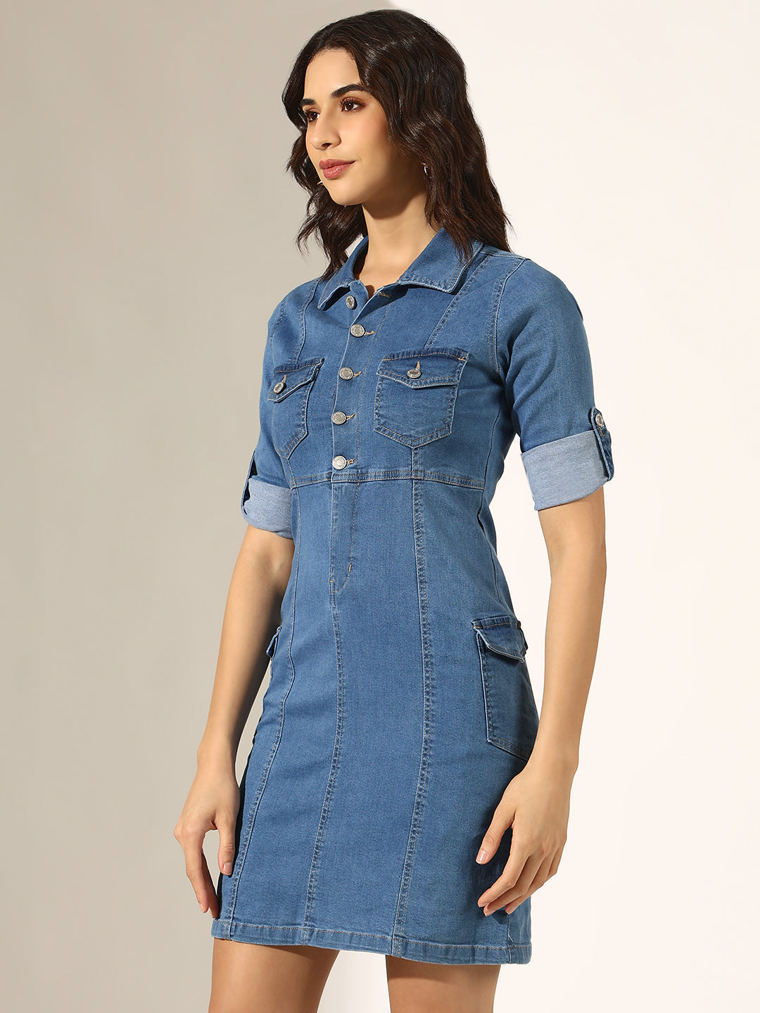 Women's Blue Denim Button-Down Shirt Collar Dress