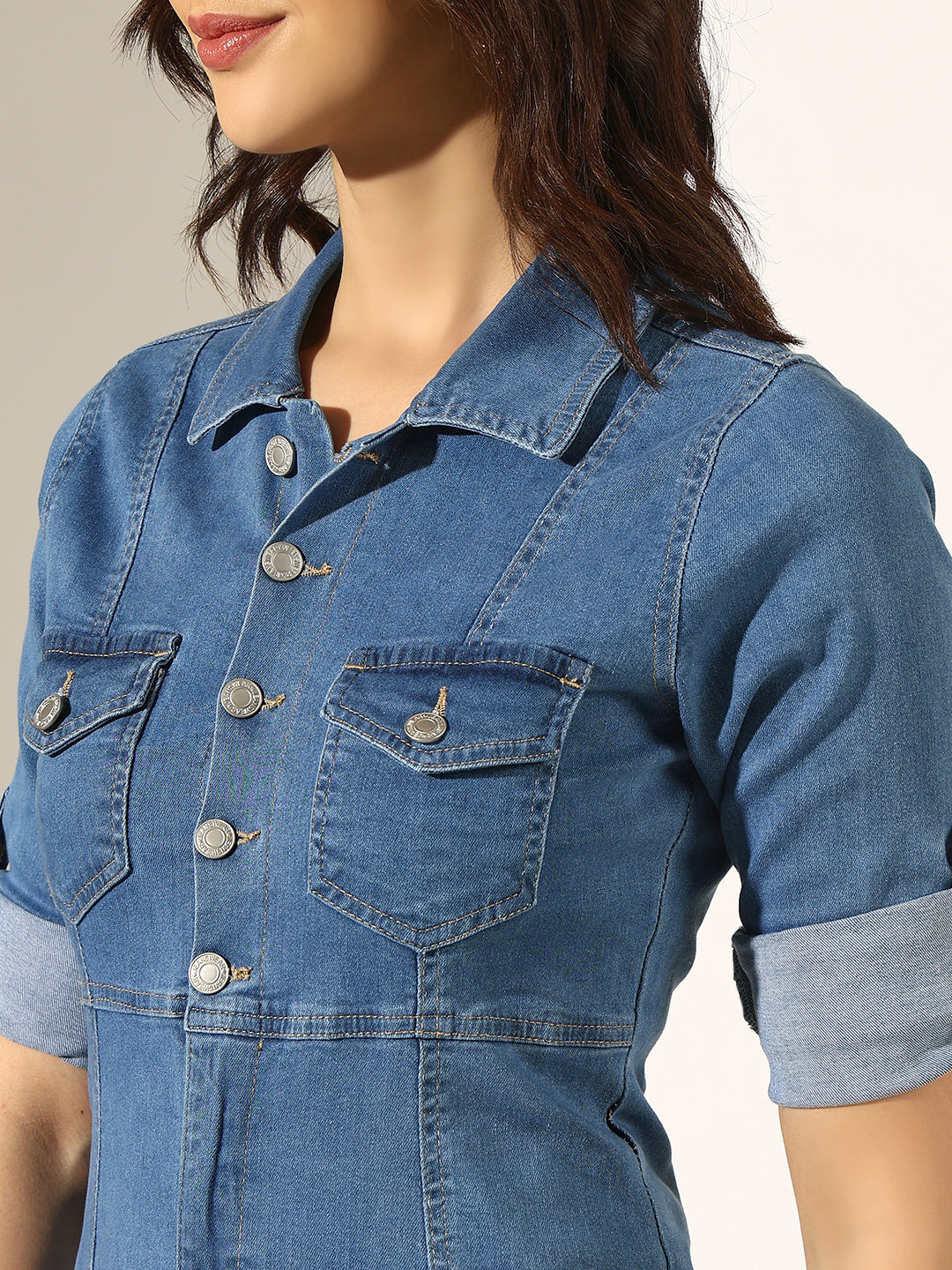 Women's Blue Denim Button-Down Shirt Collar Dress