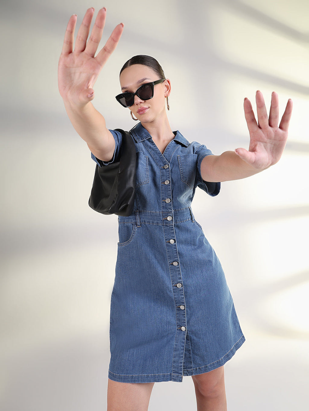 Women's Solid Blue Shirt Above Knee Denim Dress