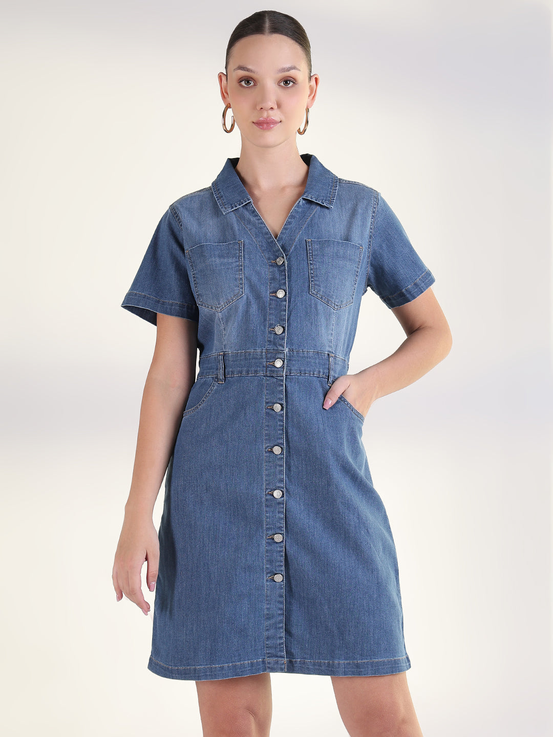 Women's Solid Blue Shirt Above Knee Denim Dress
