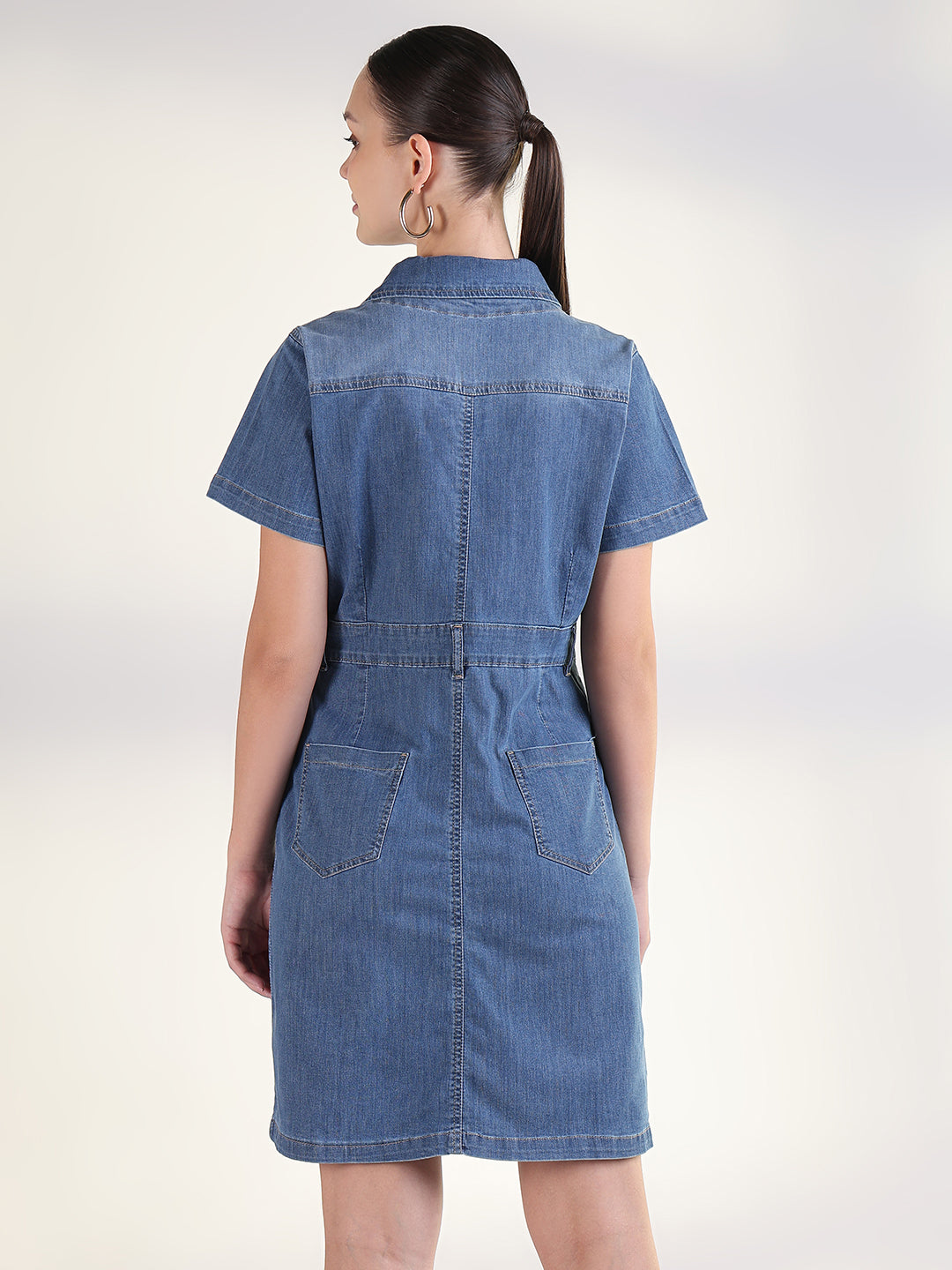 Women's Solid Blue Shirt Above Knee Denim Dress