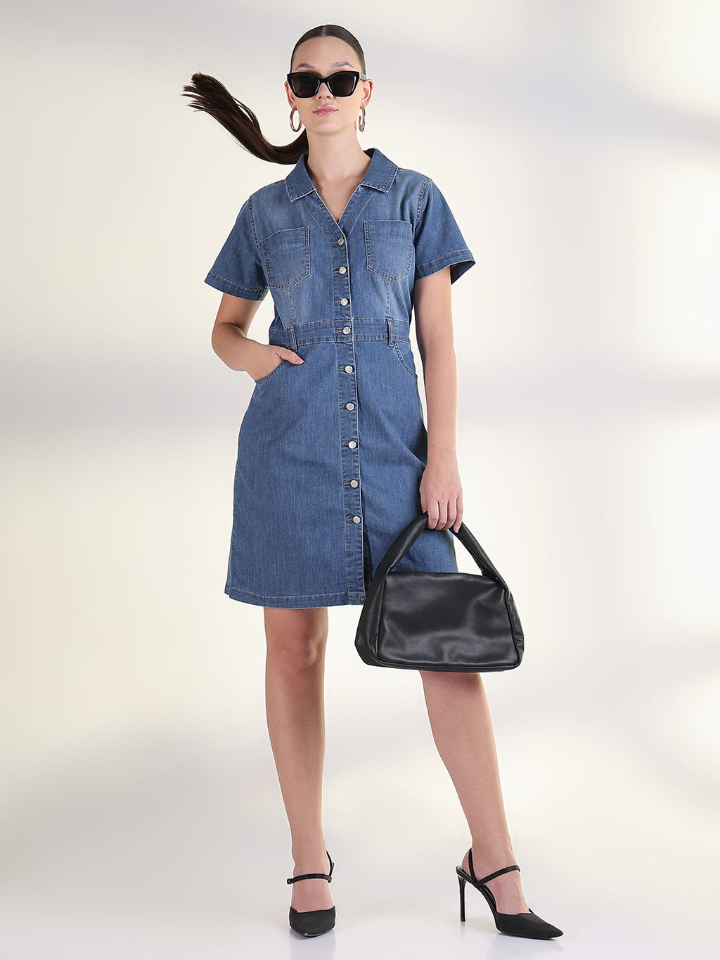 Women's Solid Blue Shirt Above Knee Denim Dress
