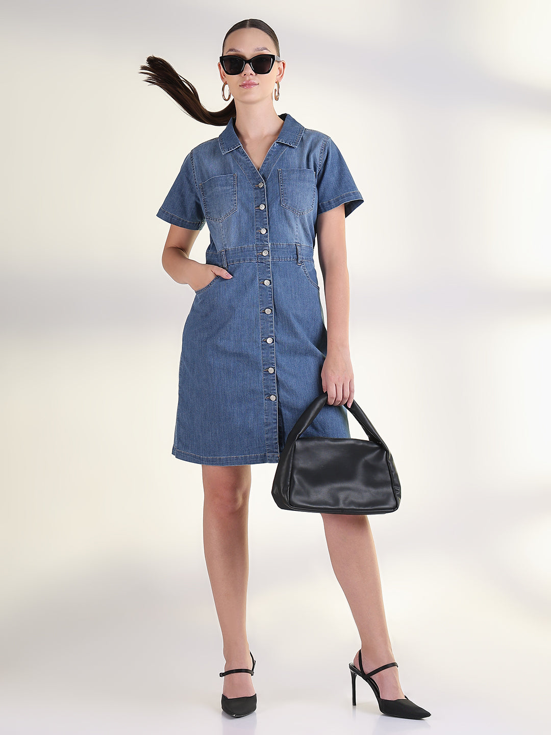 Women's Solid Blue Shirt Above Knee Denim Dress