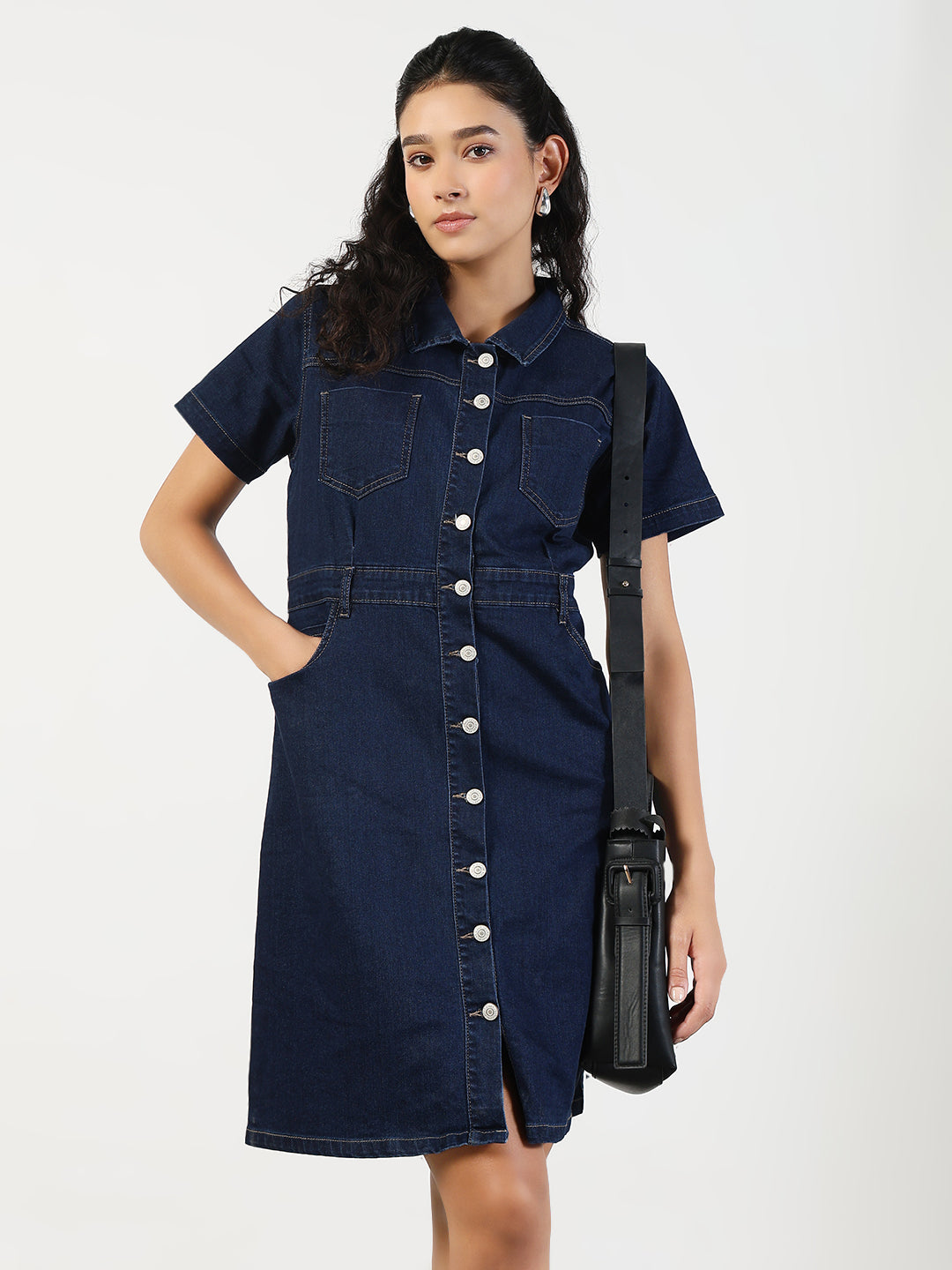 Women's Solid Navy Blue Denim A-Line Dress