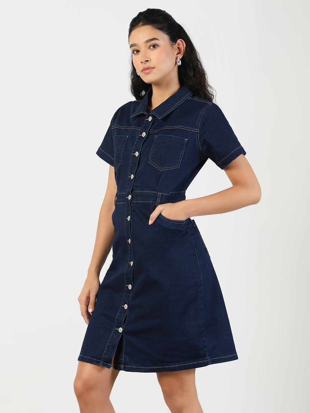 Women's Solid Navy Blue Denim A-Line Dress