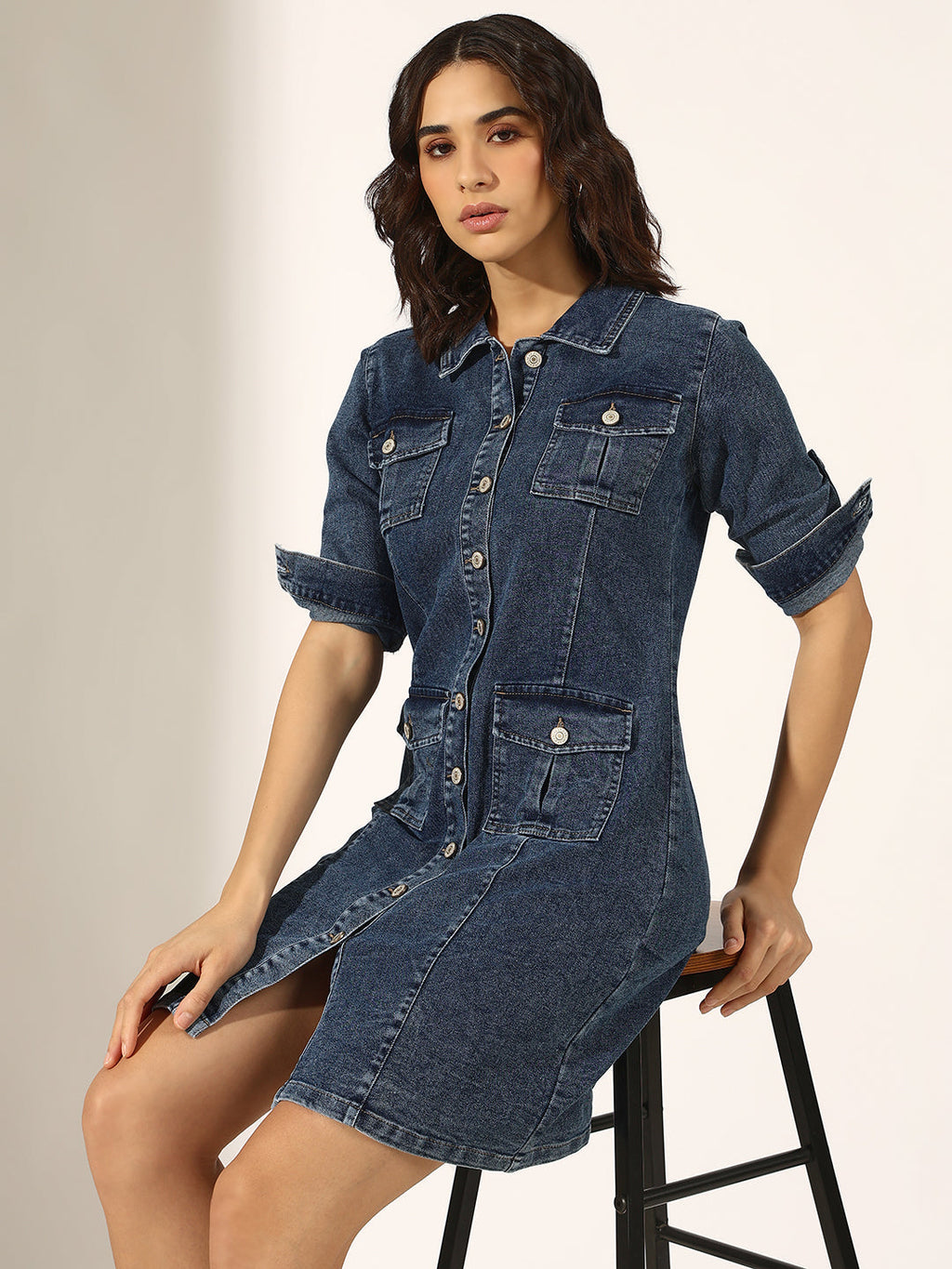Women's Blue Denim Button-Down Shirt Collar Dress with Utility Pockets