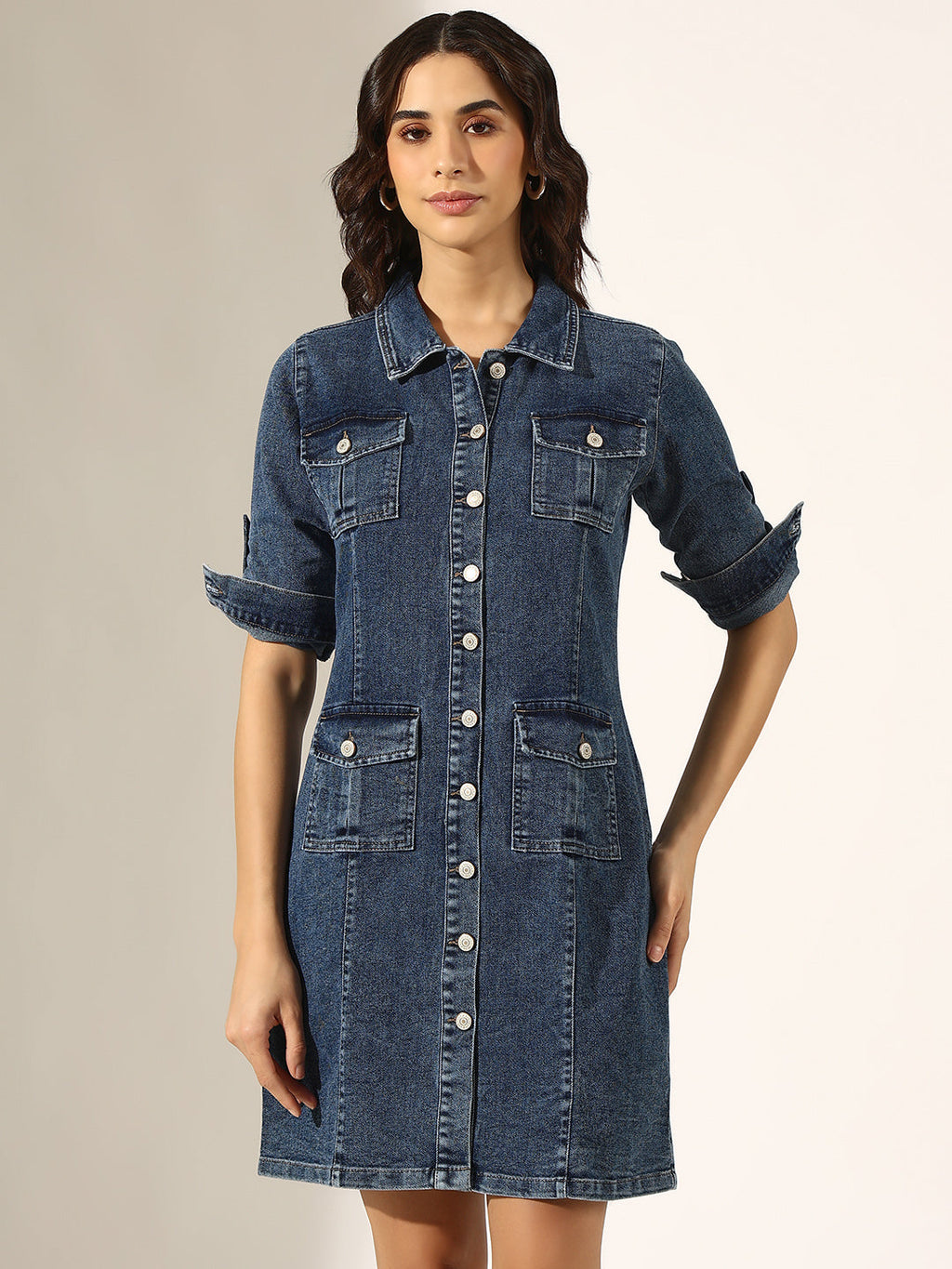 Women's Blue Denim Button-Down Shirt Collar Dress with Utility Pockets