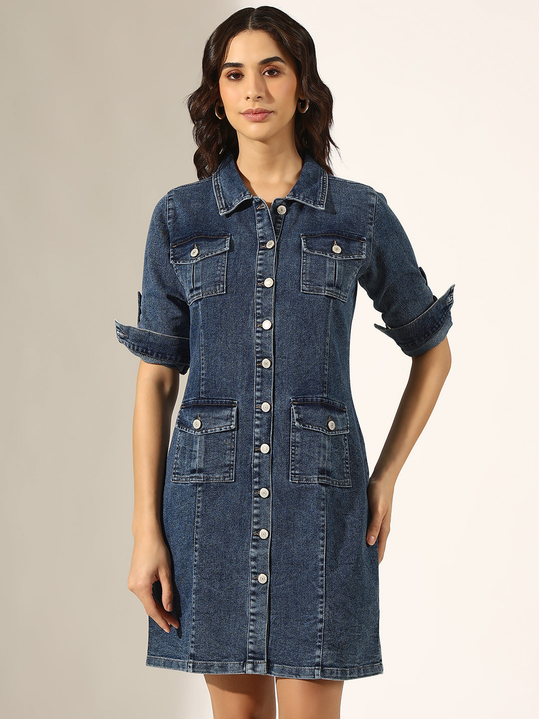 Women's Blue Denim Button-Down Shirt Collar Dress with Utility Pockets