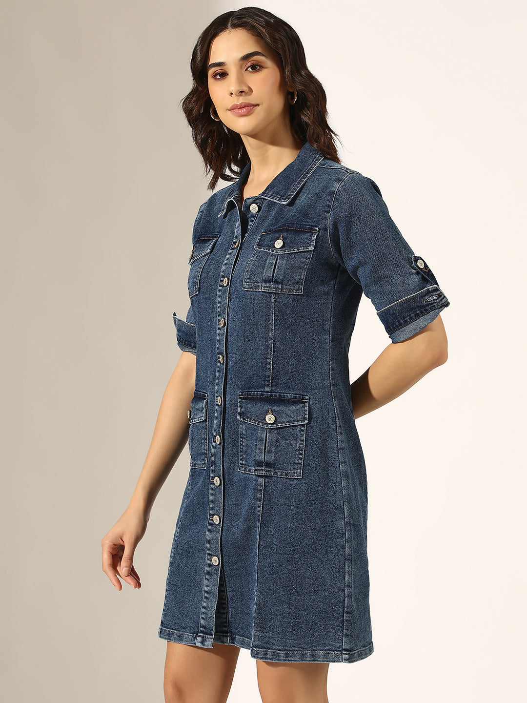 Women's Blue Denim Button-Down Shirt Collar Dress with Utility Pockets