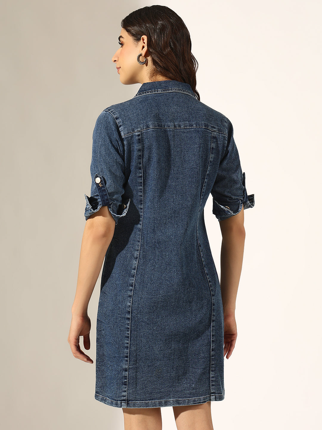 Women's Blue Denim Button-Down Shirt Collar Dress with Utility Pockets