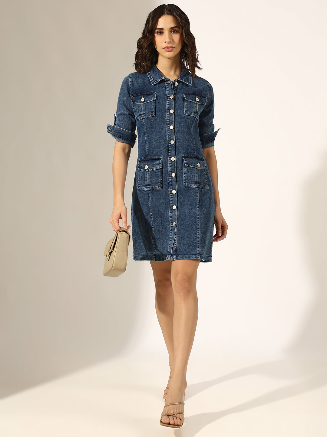 Women's Blue Denim Button-Down Shirt Collar Dress with Utility Pockets