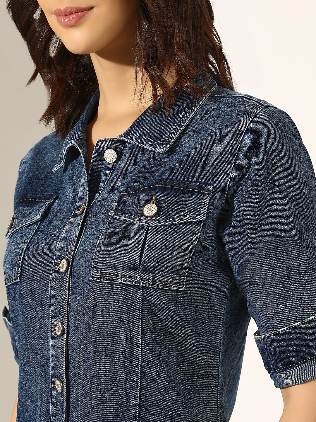 Women's Blue Denim Button-Down Shirt Collar Dress with Utility Pockets