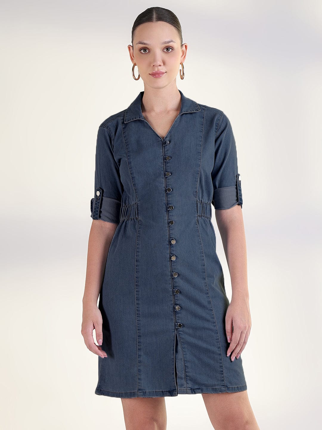 Women's Navy Blue Shirt Style Denim Dress with Buttons