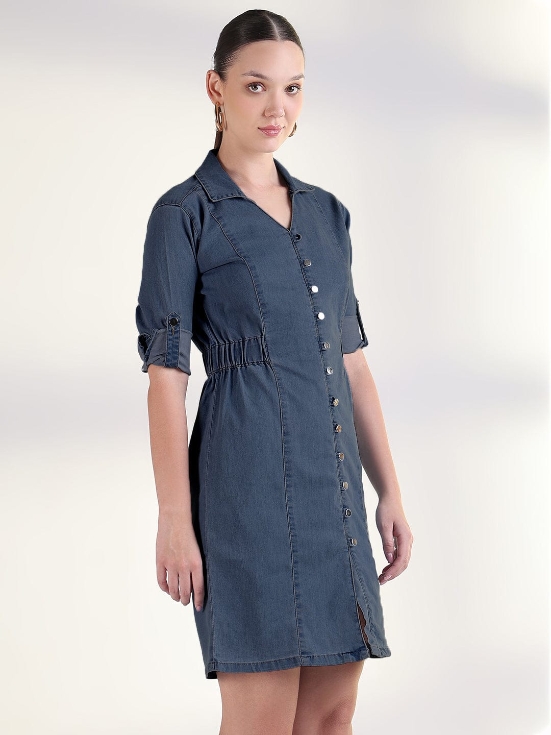 Women's Navy Blue Shirt Style Denim Dress with Buttons