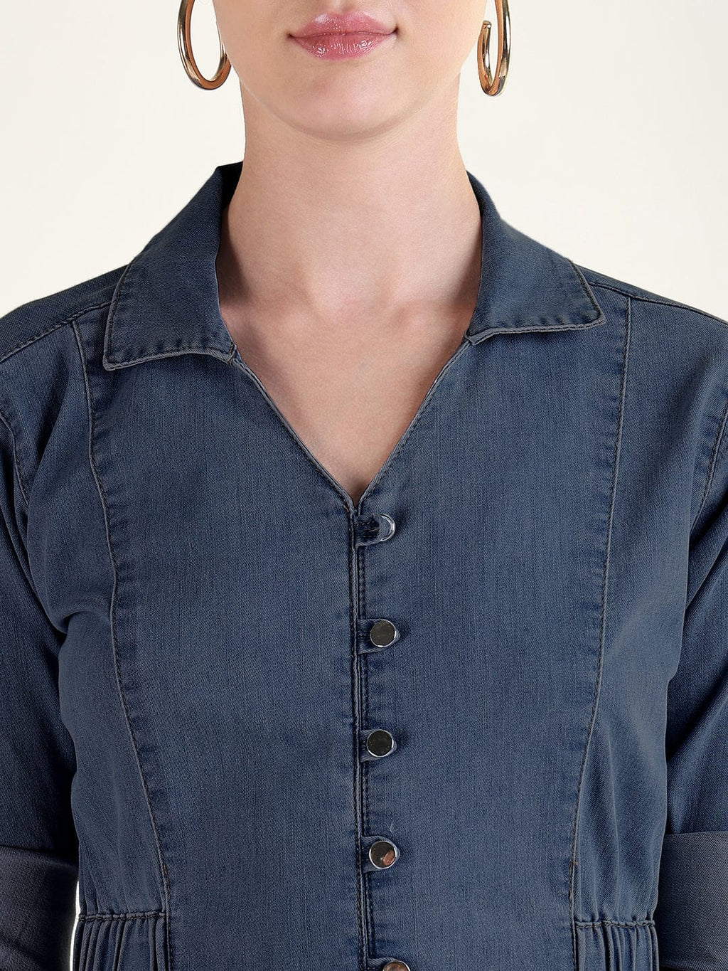 Women's Navy Blue Shirt Style Denim Dress with Buttons