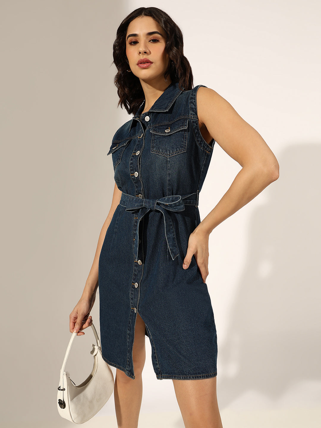 Women's Dark Blue Denim Sleeveless Shirt Dress with Fabric Belt