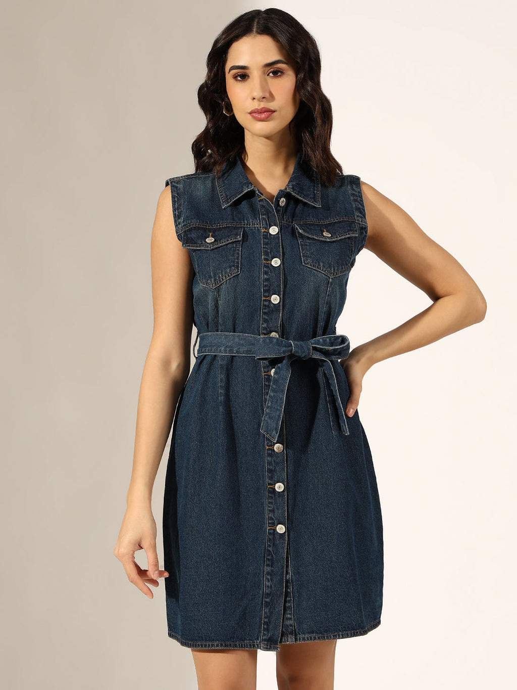 Women's Dark Blue Denim Sleeveless Shirt Dress with Fabric Belt