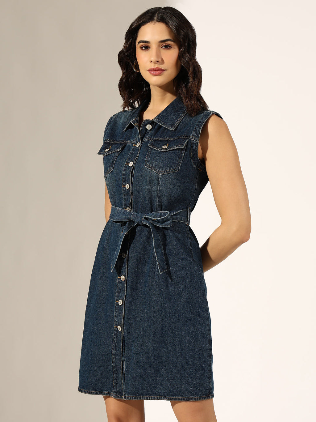 Women's Dark Blue Denim Sleeveless Shirt Dress with Fabric Belt