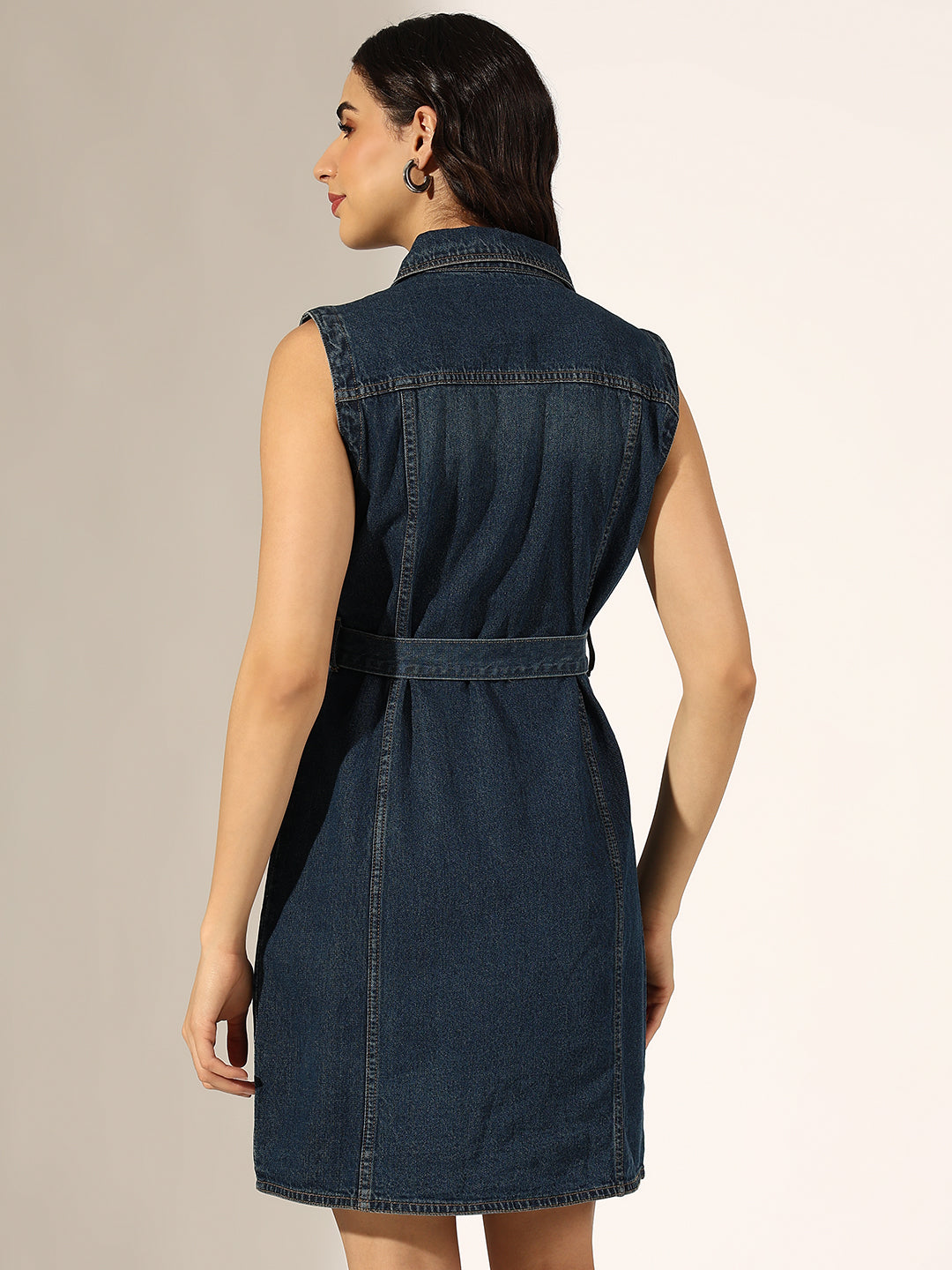 Women's Dark Blue Denim Sleeveless Shirt Dress with Fabric Belt