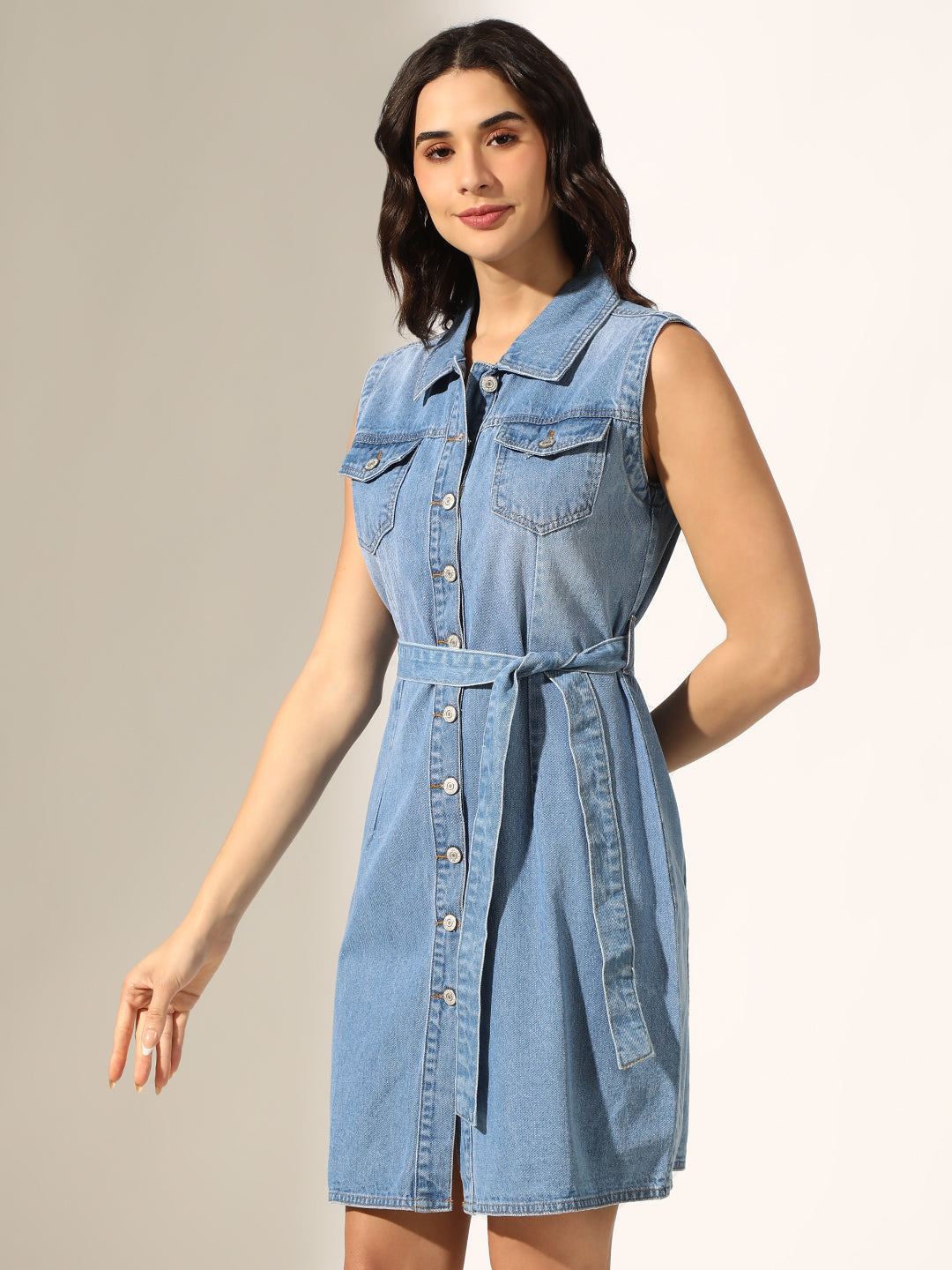 Women's Light Blue Denim Button-Down Shirt Dress with Fabric Belt