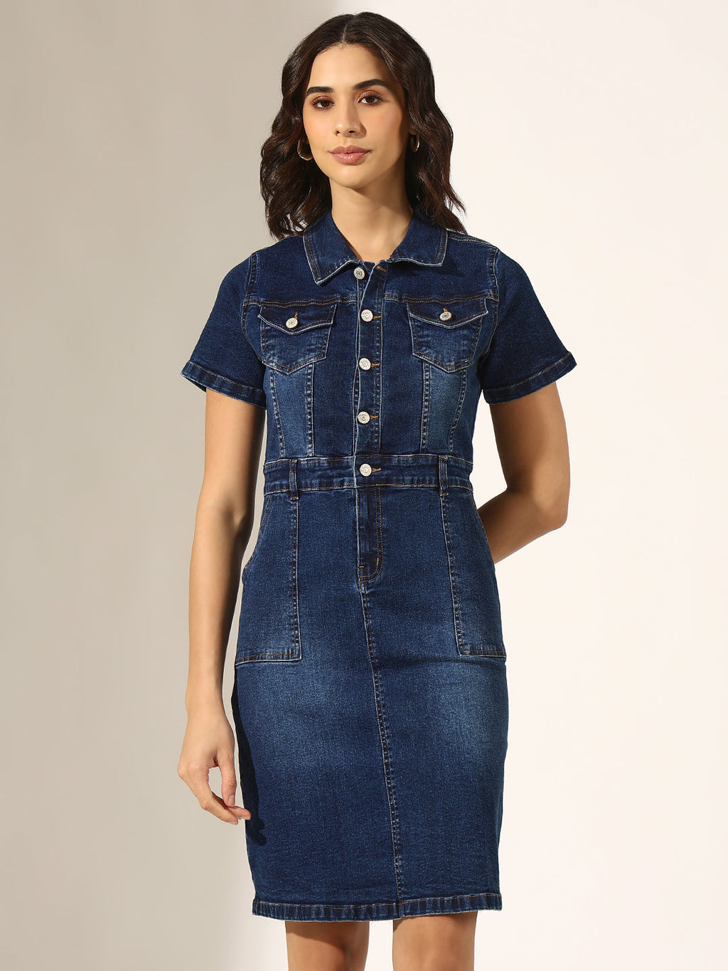 Women's Dark Blue Short Sleeve Button-Down Denim Dress
