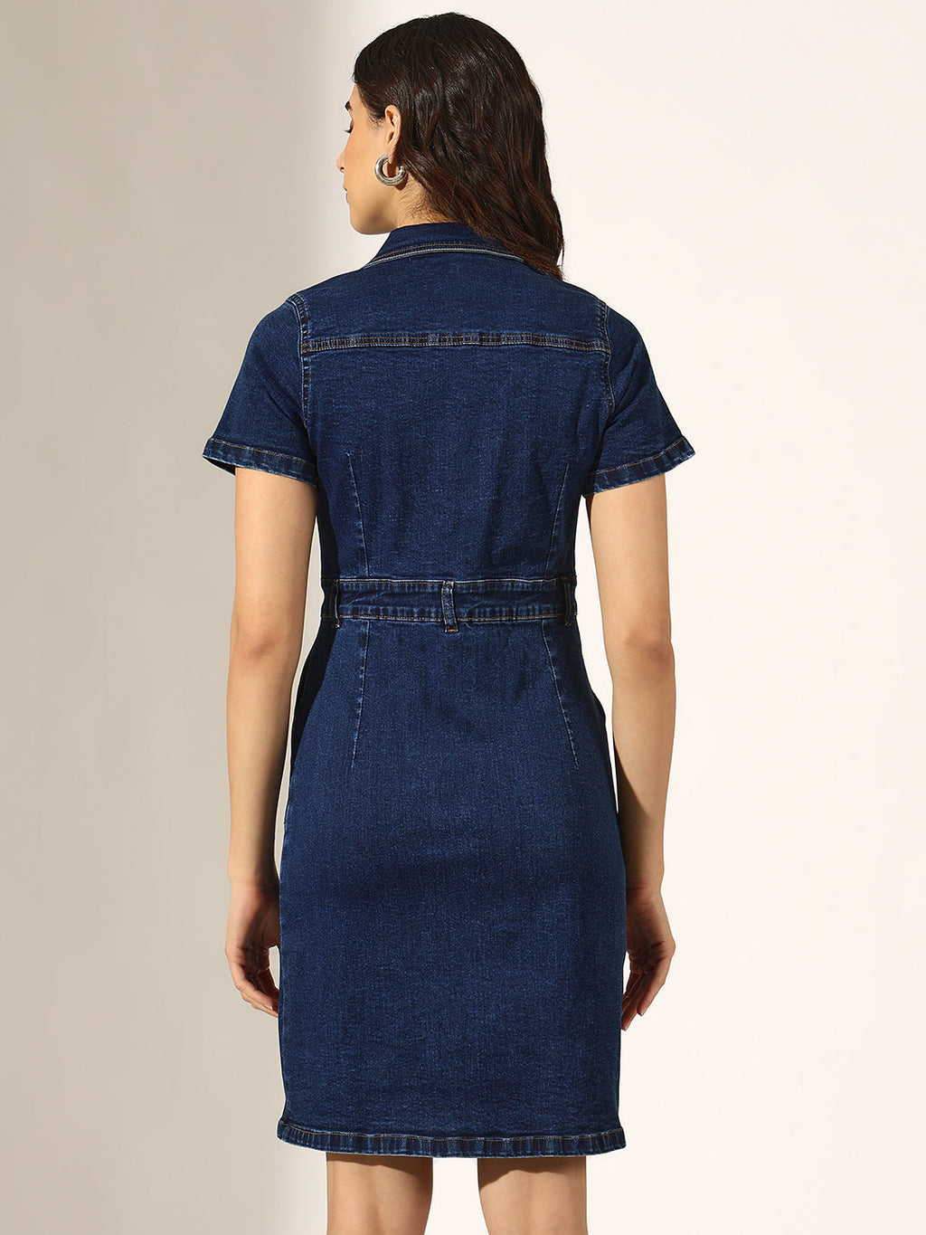 Women's Dark Blue Short Sleeve Button-Down Denim Dress