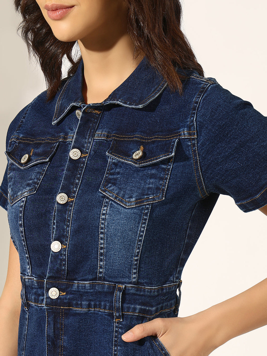 Women's Dark Blue Short Sleeve Button-Down Denim Dress