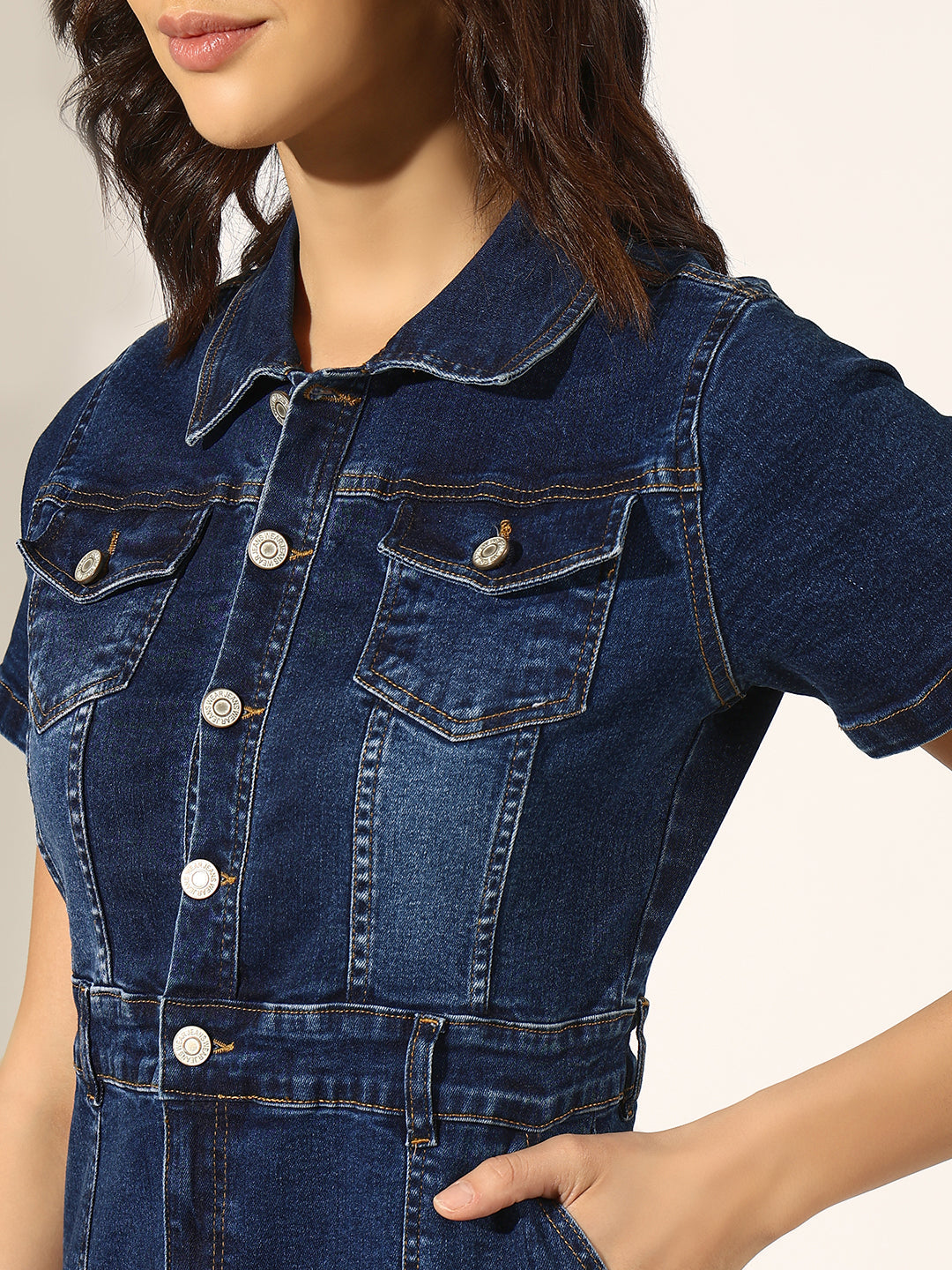 Women's Dark Blue Short Sleeve Button-Down Denim Dress