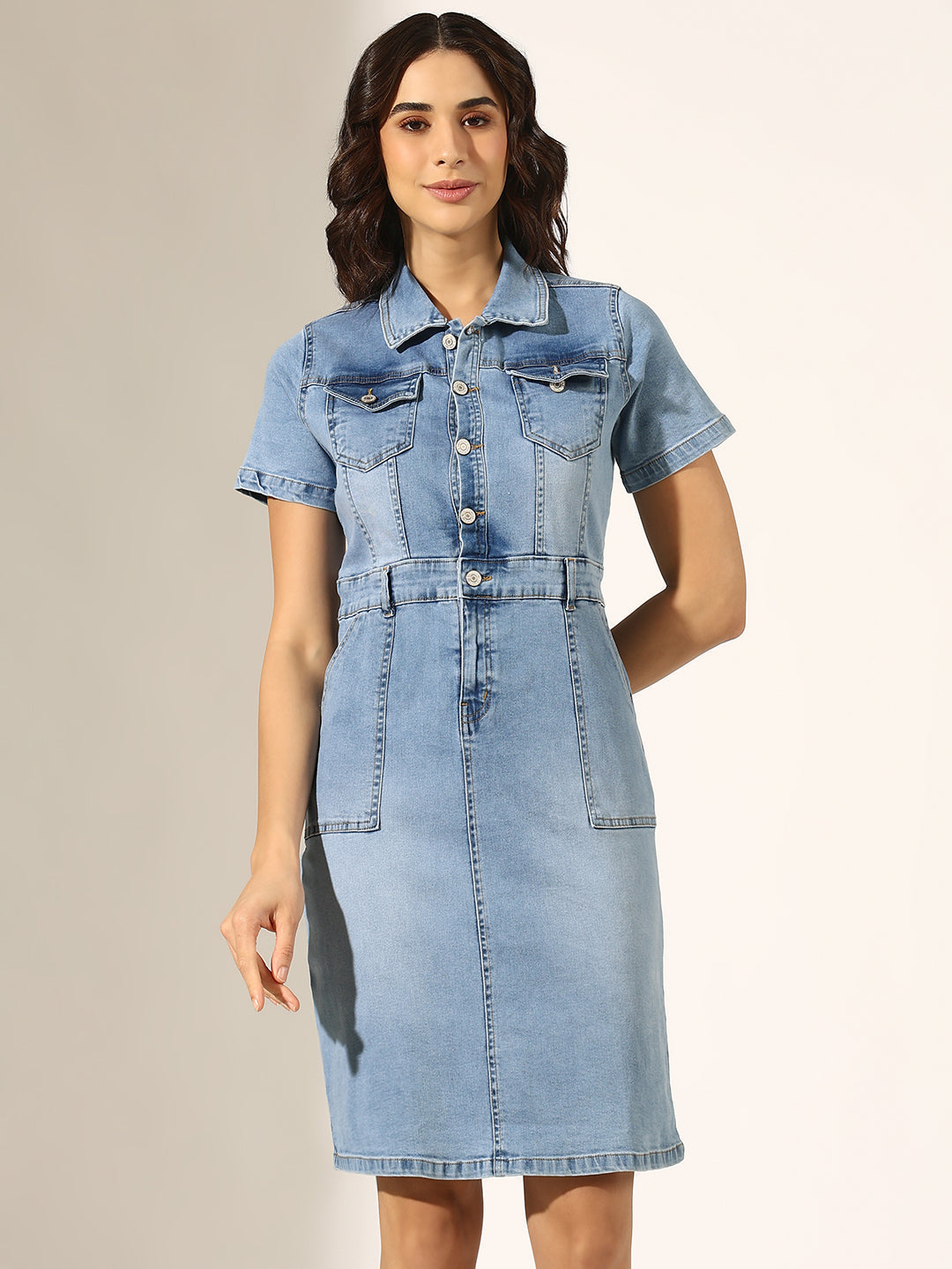 Women's Light Blue Short Sleeve Button-Down Denim Dress