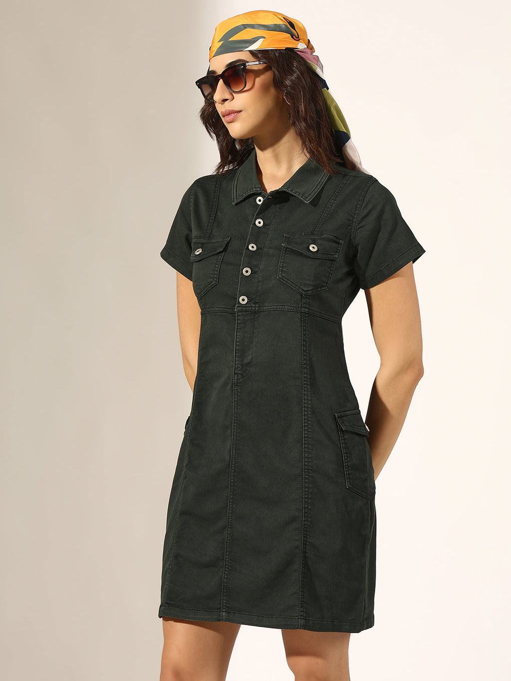 Women's Olive Short Sleeve Utility Pocket Denim Dress