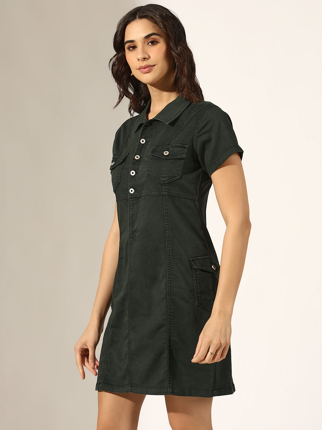 Women's Olive Short Sleeve Utility Pocket Denim Dress