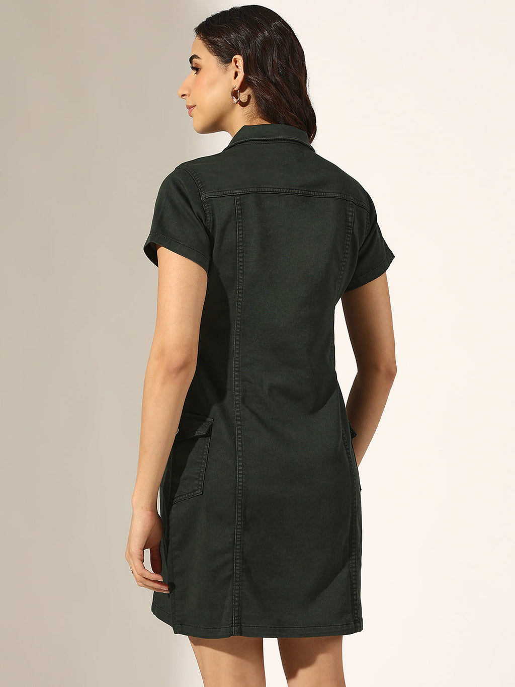 Women's Olive Short Sleeve Utility Pocket Denim Dress