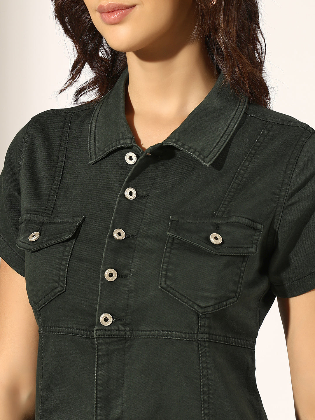 Women's Olive Short Sleeve Utility Pocket Denim Dress