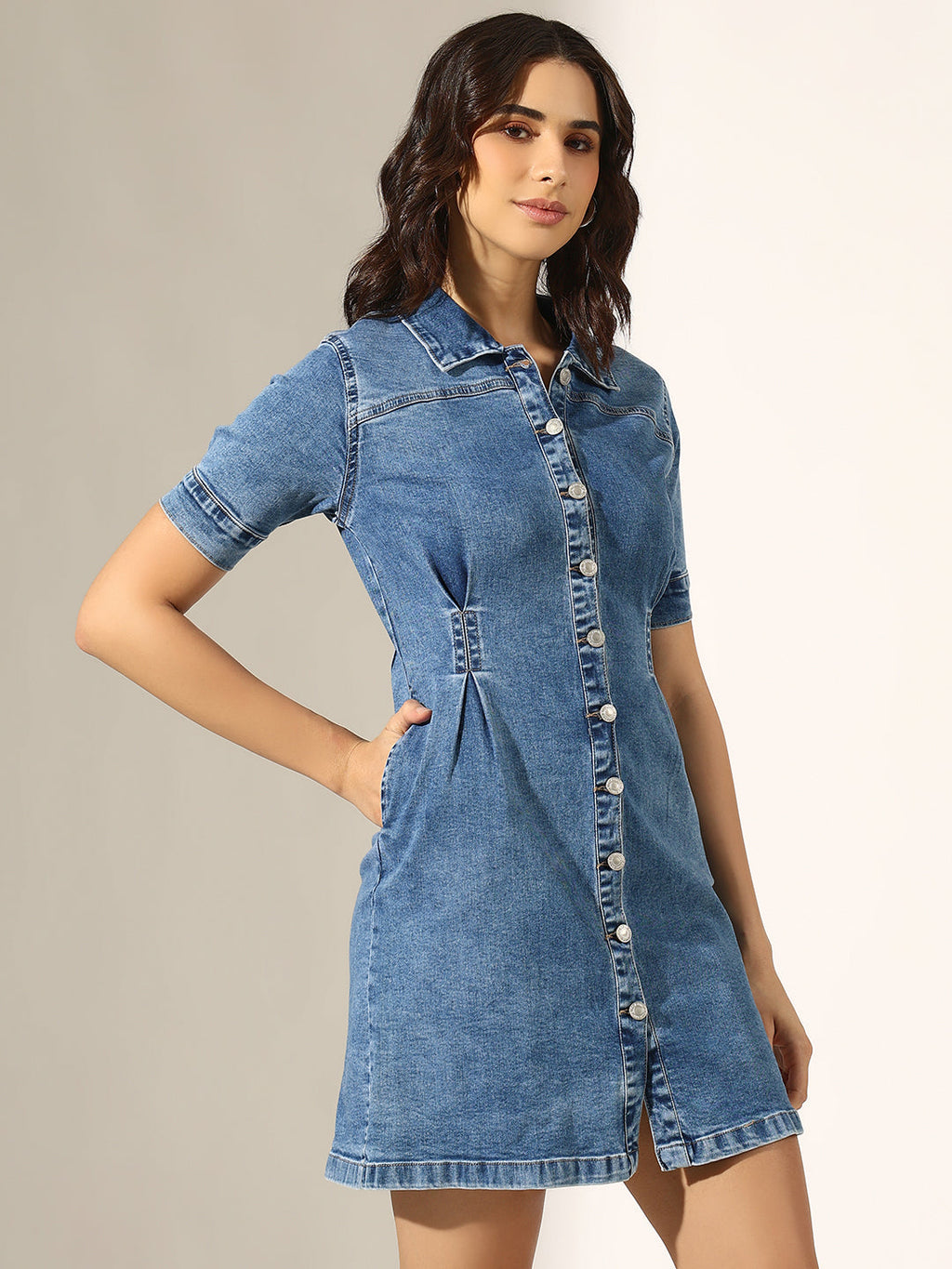 Women's Blue Button-Up Short Sleeve Denim Dress with Waist Darts