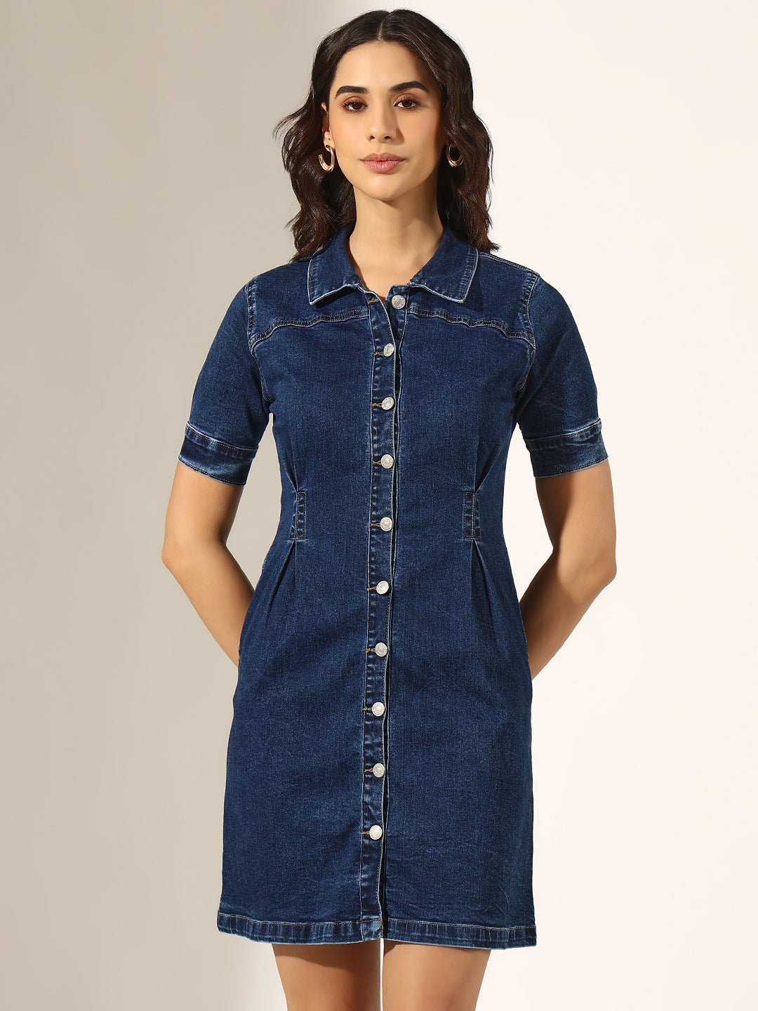 Women's Dark Blue Button-Up Short Sleeve Denim Dress with Waist Darts