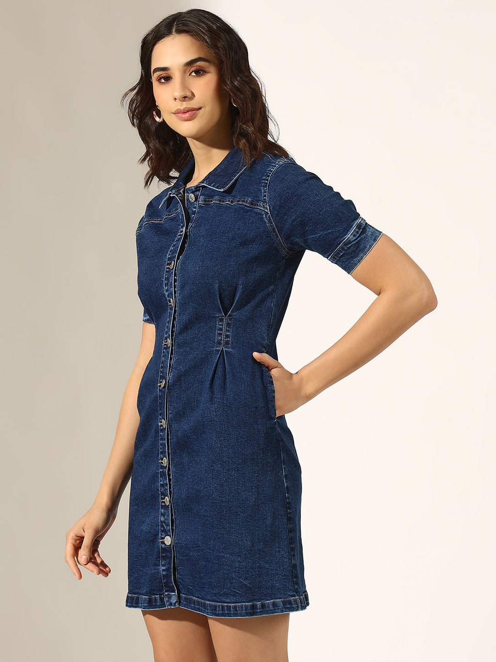 Women's Dark Blue Button-Up Short Sleeve Denim Dress with Waist Darts