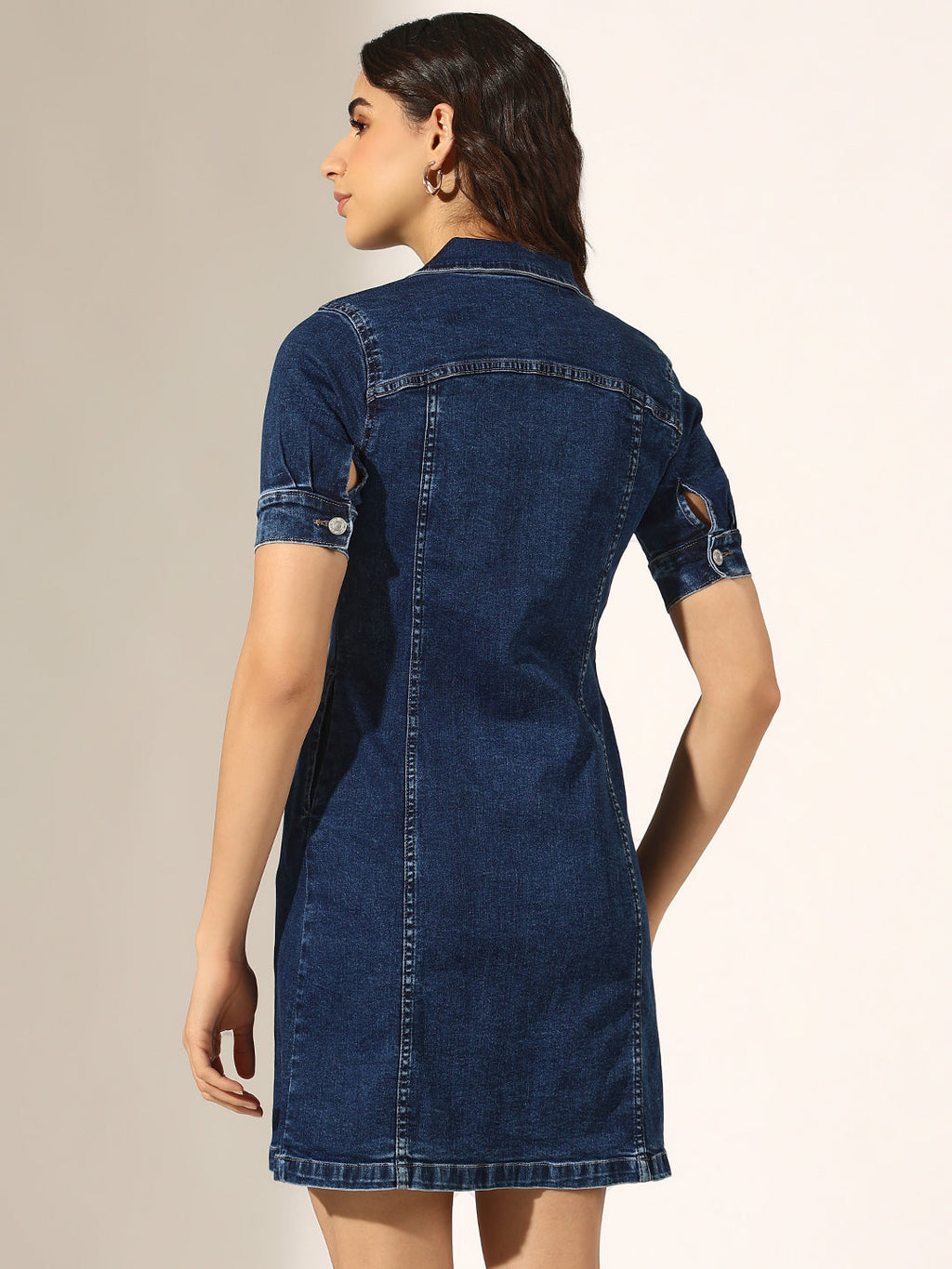 Women's Dark Blue Button-Up Short Sleeve Denim Dress with Waist Darts