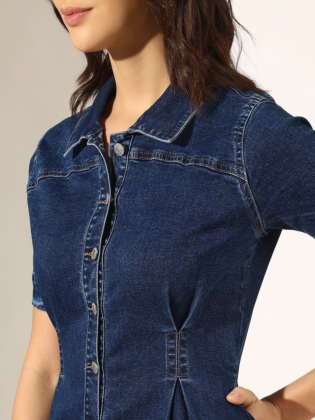 Women's Dark Blue Button-Up Short Sleeve Denim Dress with Waist Darts