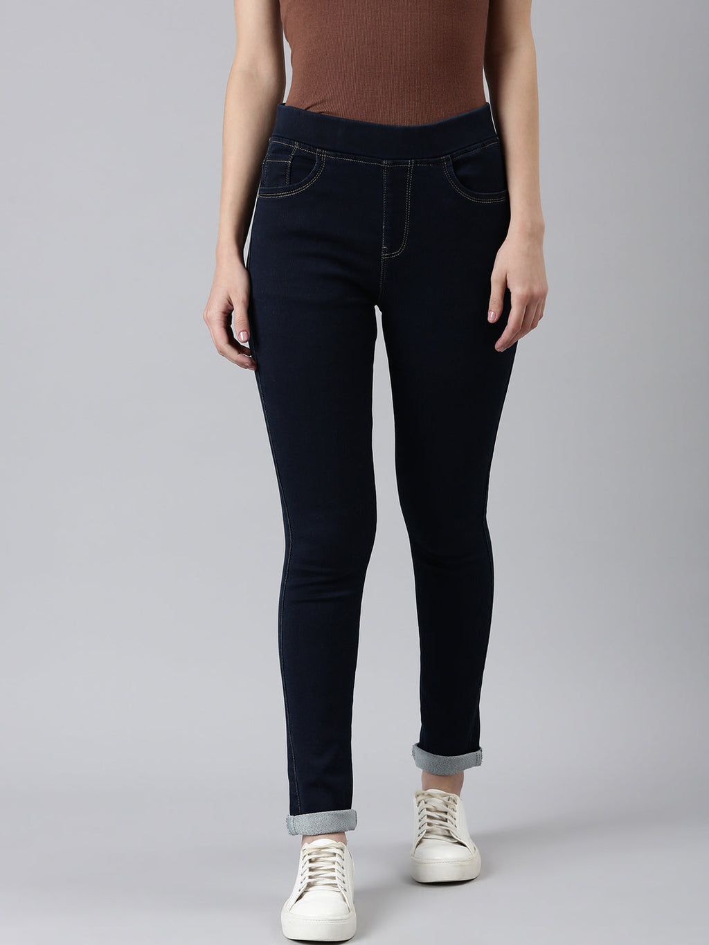 Women's Navy Blue Cuffed Hem Skinny Fit Mid-Rise Denim Jean