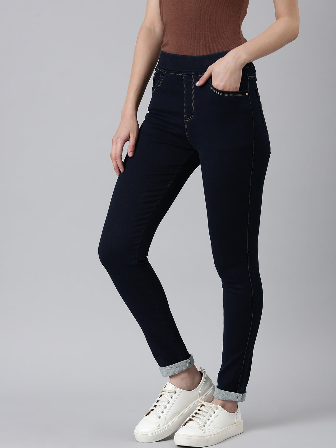 Women's Navy Blue Cuffed Hem Skinny Fit Mid-Rise Denim Jean