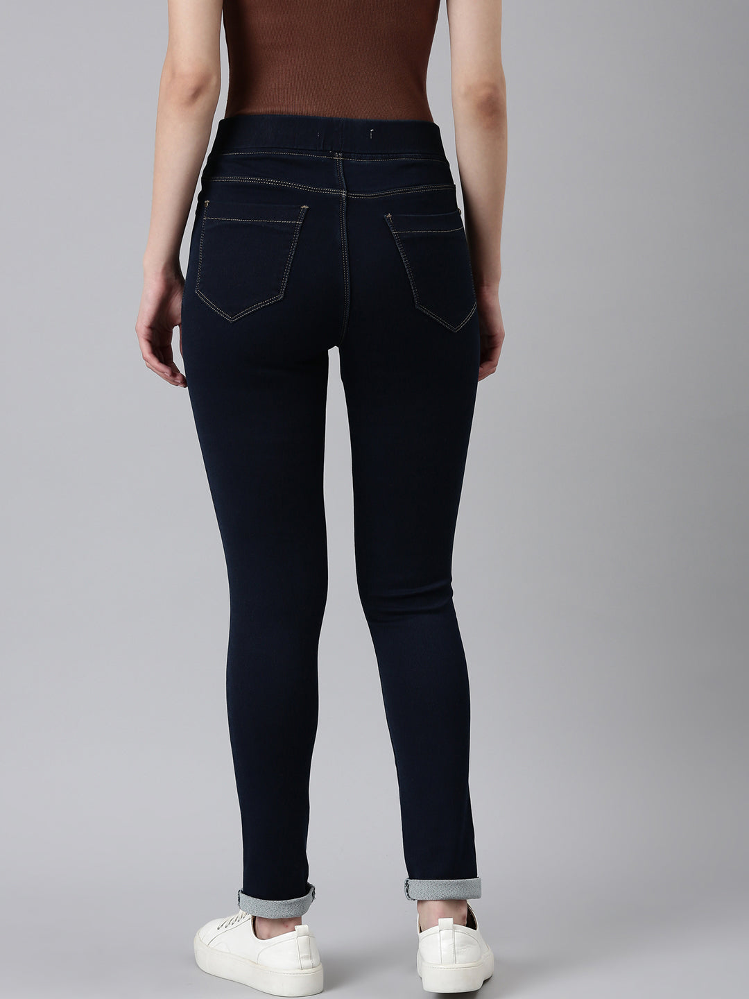 Women's Navy Blue Cuffed Hem Skinny Fit Mid-Rise Denim Jean