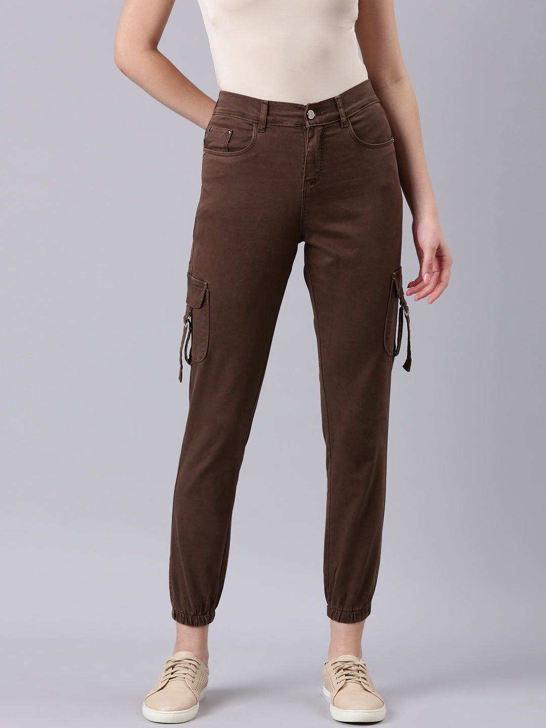 Women's Brown Solid Jogger Denim Jeans