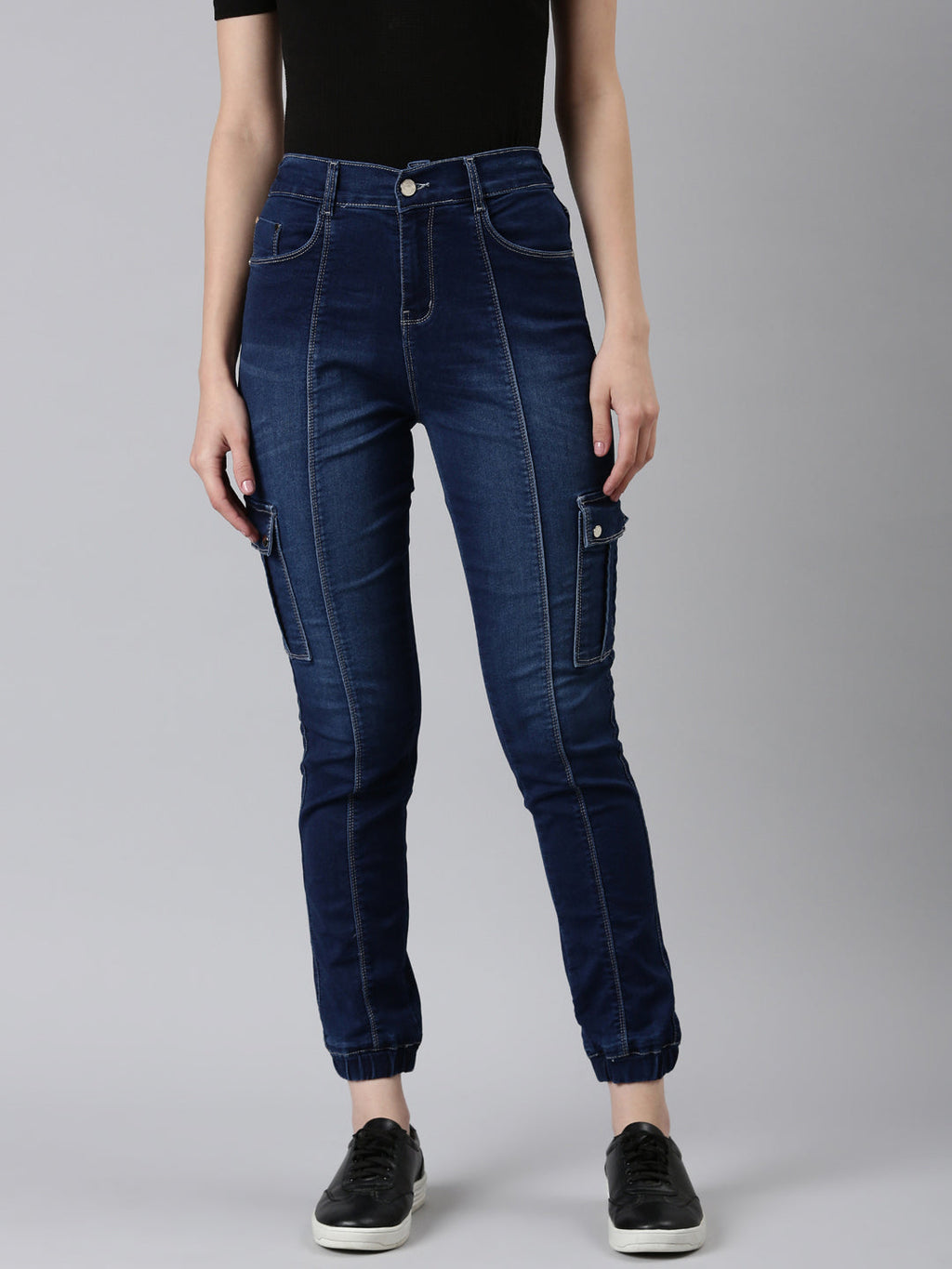 Women's Navy Blue Solid Jogger Denim Jeans