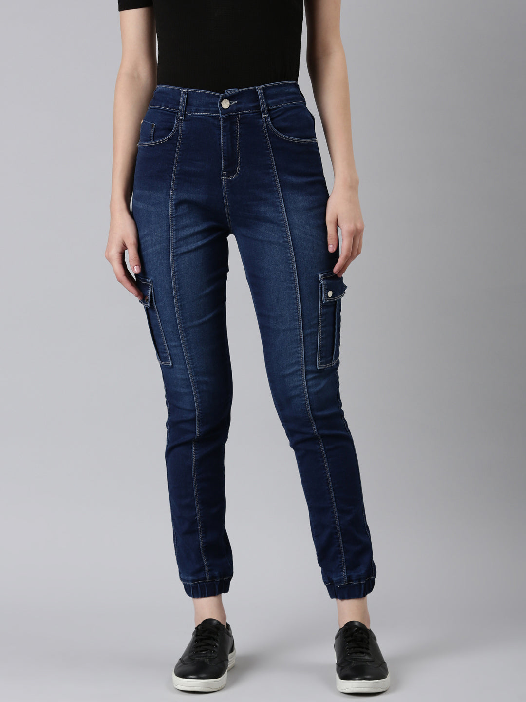 Women's Navy Blue Solid Jogger Denim Jeans