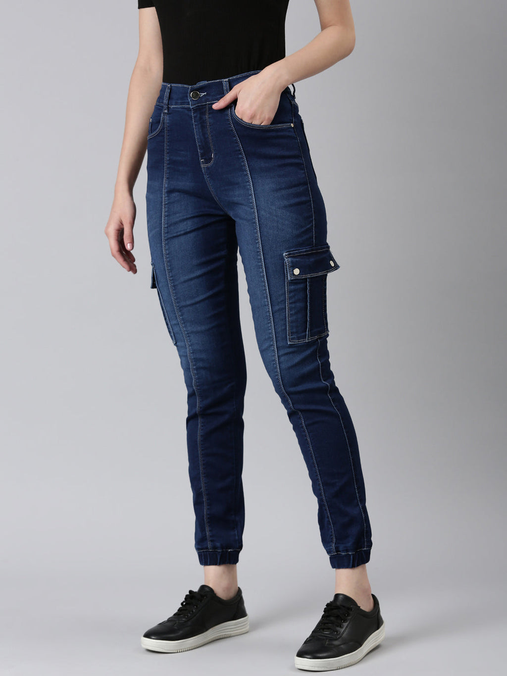 Women's Navy Blue Solid Jogger Denim Jeans