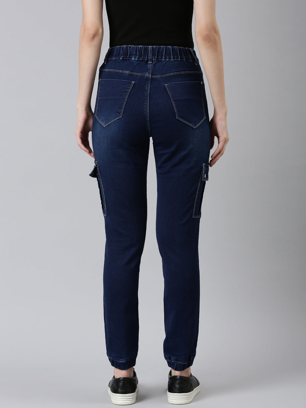 Women's Navy Blue Solid Jogger Denim Jeans