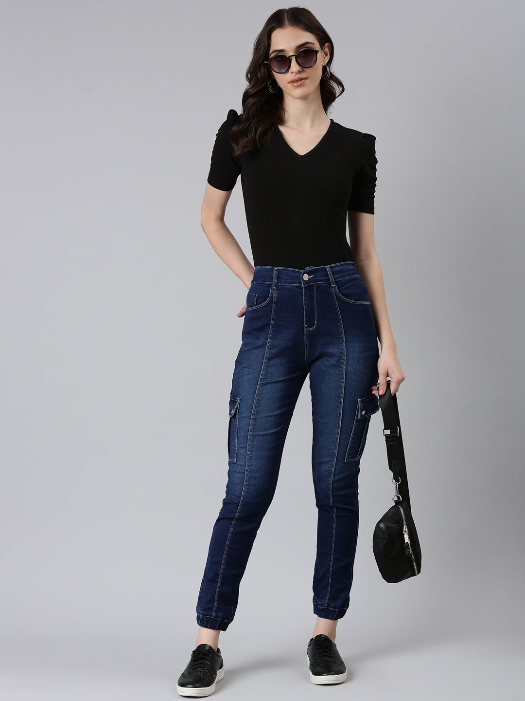 Women's Navy Blue Solid Jogger Denim Jeans