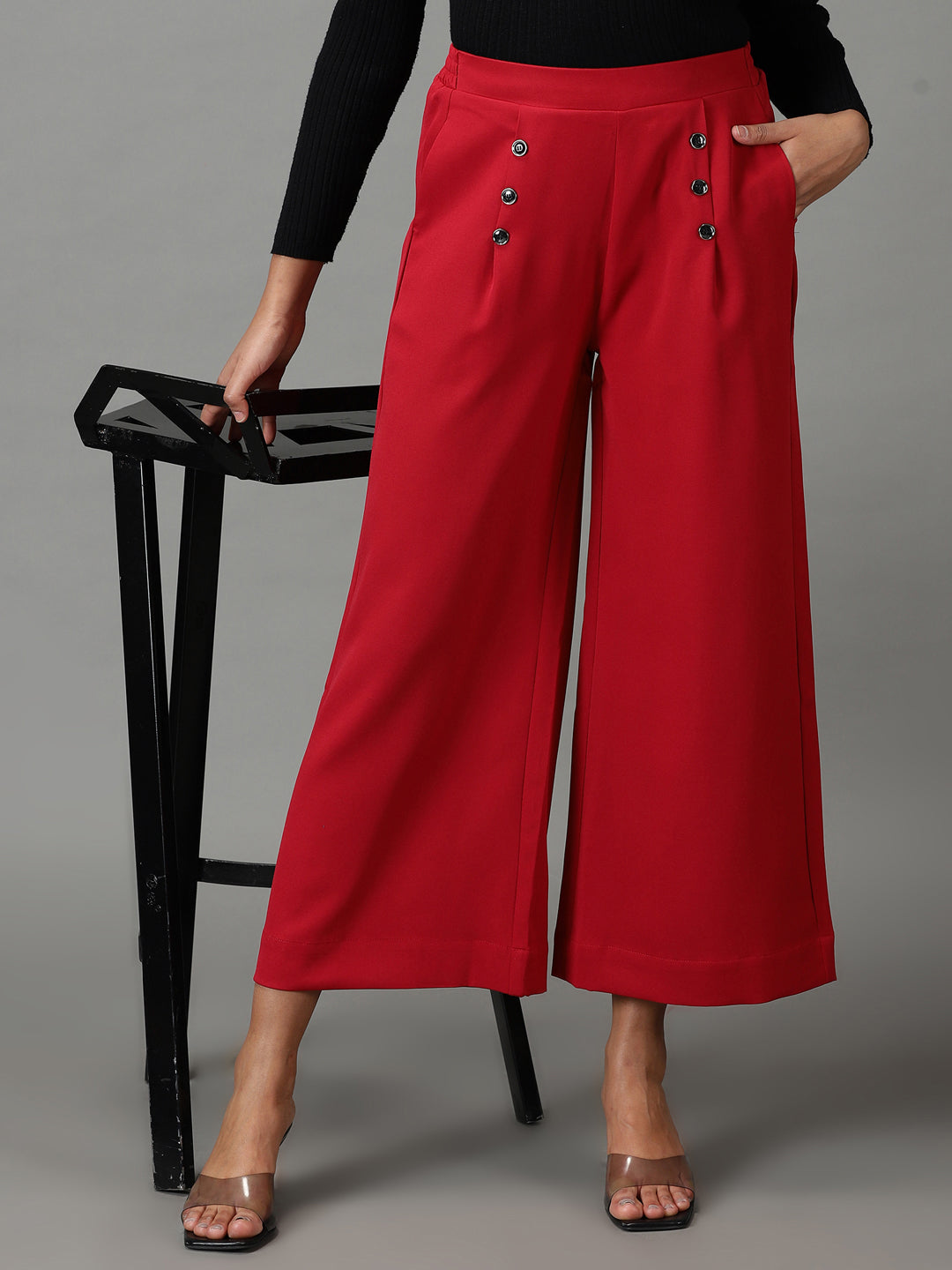Women's Maroon Relaxed Straight Fit High-Rise Pleated Culottes
