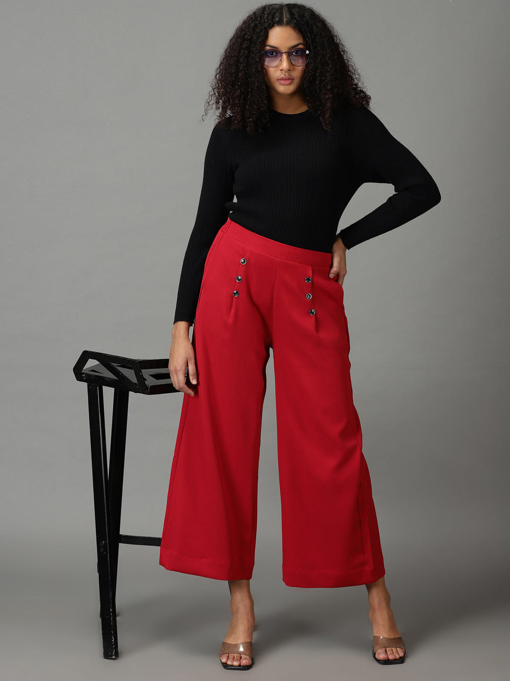 Women's Maroon Relaxed Straight Fit High-Rise Pleated Culottes